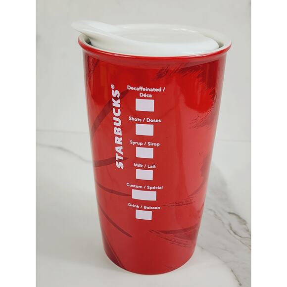 Starbucks Red Tall Travel Coffee Mug Tumbler Holiday 12oz Ceramic 6" Double Wall - Picture 6 of 14